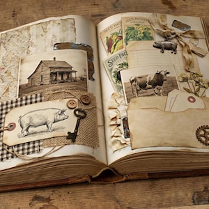 May include: An open vintage book with farm-themed scrapbook pages. The pages feature sepia-toned images of a house, pig, and cow, along with seed packets, buttons, and a key. The overall aesthetic is rustic and nostalgic.