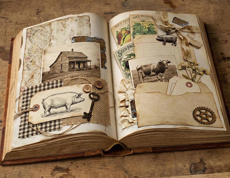May include: An open vintage book with farm-themed scrapbook pages. The pages feature sepia-toned images of a house, pig, and cow, along with seed packets, buttons, and a key. The overall aesthetic is rustic and nostalgic.