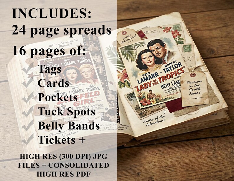 May include: Vintage scrapbook open to display movie posters and tags. Features 24 page spreads and 16 pages of tags, cards, pockets, tuck spots, belly bands, and tickets. The text reads "Lady of the Tropics".