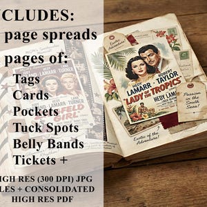 May include: Vintage scrapbook open to display movie posters and tags. Features 24 page spreads and 16 pages of tags, cards, pockets, tuck spots, belly bands, and tickets. The text reads "Lady of the Tropics".