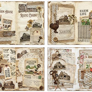 May include: A collage of vintage farmhouse-themed scrapbook pages. The pages feature images of barns, roosters, keys, and botanical elements. Text includes "Farm House", "Rustic Charm", "Farm Life", "Harvest", "Fresh Eggs", and "Heirloom Seeds".