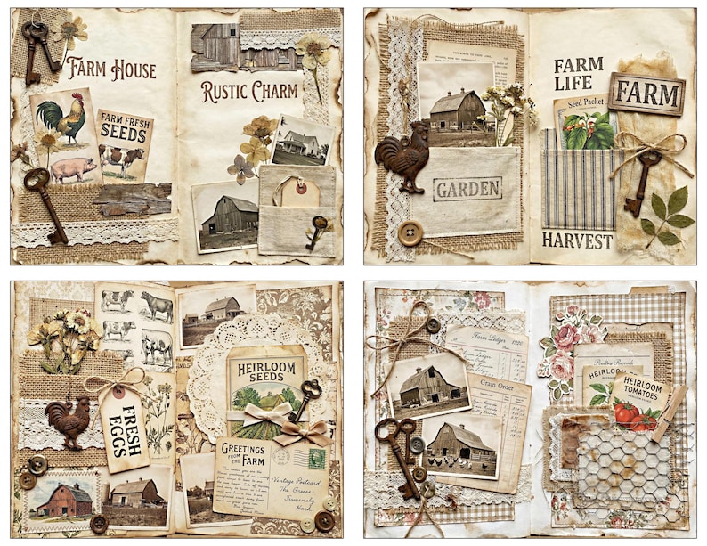 May include: A collage of vintage farmhouse-themed scrapbook pages. The pages feature images of barns, roosters, keys, and botanical elements. Text includes "Farm House", "Rustic Charm", "Farm Life", "Harvest", "Fresh Eggs", and "Heirloom Seeds".