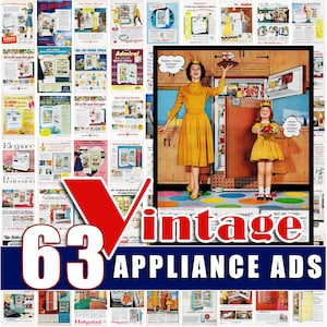 Anuncios de electrodomésticos de cocina antiguos, anuncios de decoración, descarga digital, arte de pared imprimible, paquete JPG, años 30, 40, 50 y 60, despensa, refrigerador, retro