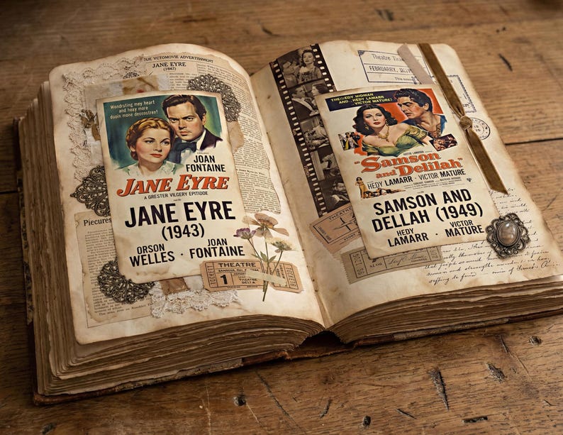 May include: An open vintage book with aged pages, featuring film posters for "Jane Eyre (1943)" and "Samson and Delilah (1949)." The book is decorated with dried flowers, ticket stubs, and a decorative clasp, creating a nostalgic aesthetic.