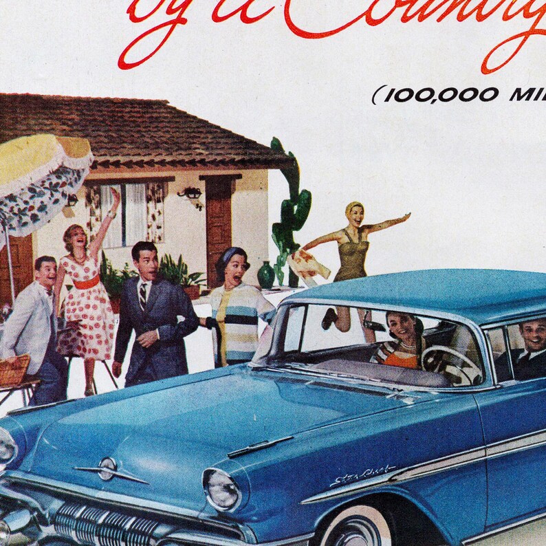 Vintage Pontiac Car Poster Coupe Blue 1950s Auto Digital Download 50s