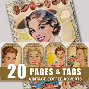 Kaffee Junk Journal Seiten Tags Vintage Kaffee Werbung Anzeigen im Alter von digitaler Download Ephemera druckbare Scrapbook Bundle Kit Verschönerung