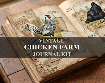 May include: An open journal kit featuring printed pages with illustrations of chickens, farm scenes, and text including Prize Poultry Feed, Est. 1920, and Daily Egg Count. The pages have a sepia-toned, aged paper appearance with chicken wire patterns.