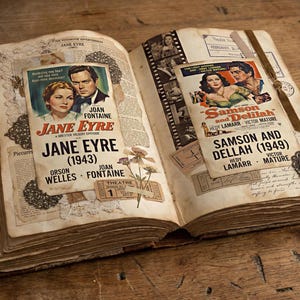 May include: An open vintage book with aged pages, featuring film posters for "Jane Eyre (1943)" and "Samson and Delilah (1949)." The book is decorated with dried flowers, ticket stubs, and a decorative clasp, creating a nostalgic aesthetic.