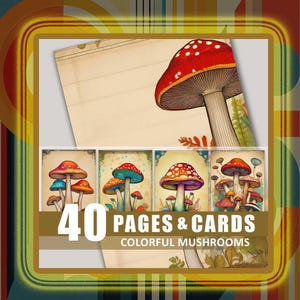 Mushrooms Junk Journal Pages Cards Colorful Mushroom Digital Download Ephemera Printable Scrapbook Embellishments Bundle Kit Files Bundle