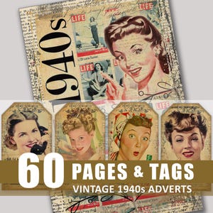 Junk-Journal Seiten Tags 1940er 40er Jahre Werbung Ads im Alter von digitaler Download Ephemera druckbare Scrapbook Bundle Kit Verschönerung Grunge alt