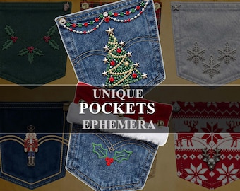 Christmas Jean Pockets Junk Journal Ephemera • Printable Papers • Retro Xmas Clipart • Digital Download • Mixed Media • Denim Pockets •