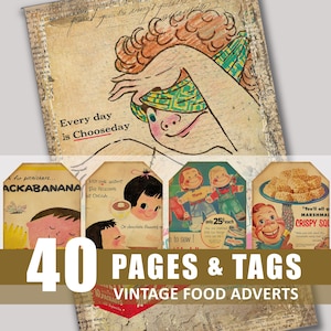 Páginas de diário de lixo Etiquetas Comida Publicidade Grunge Envelhecido Digital Download Ephemera Imprimível Scrapbook Enfeite Pacote Kit Arquivos Anúncios de comida