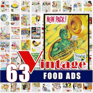 Vintage Lebensmittel Küche Werbung Dekor Werbung Digitaler Download Druckbare Wand Kunst JPG Bundle 30er 40er 50er 60er Jahre Speisekammer Rezept Lunch Dine Retro