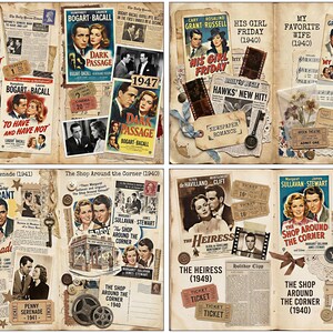 May include: A vintage scrapbook page with film posters and ephemera. The pages feature classic movies such as "To Have and Have Not," "Dark Passage," "His Girl Friday," and "The Shop Around the Corner." The design includes tickets, film strips, and handwritten notes.