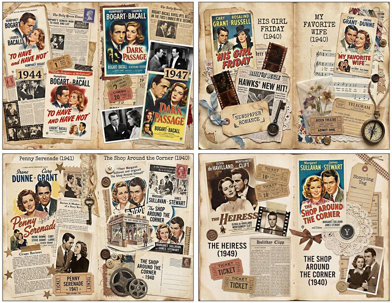 May include: A vintage scrapbook page with film posters and ephemera. The pages feature classic movies such as "To Have and Have Not," "Dark Passage," "His Girl Friday," and "The Shop Around the Corner." The design includes tickets, film strips, and handwritten notes.