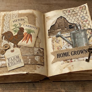 May include: Open book with rustic, vintage-style pages. One side features a metal rooster, seed packets for herbs and carrots, and a "Farm Fresh" tag. The other side shows a barn image, a metal watering can, and a "Home Grown" banner.