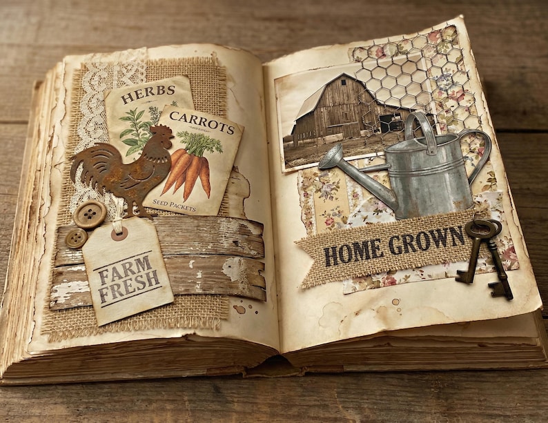 May include: Open book with rustic, vintage-style pages. One side features a metal rooster, seed packets for herbs and carrots, and a "Farm Fresh" tag. The other side shows a barn image, a metal watering can, and a "Home Grown" banner.
