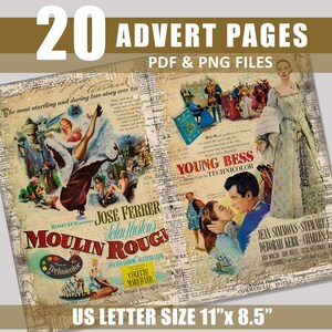 Junk Journal Pages Tags Movies Hollywood Advertising Grunge Aged Digital Download Ephemera Printable Scrapbook Bundle Kit Embellishment Ads