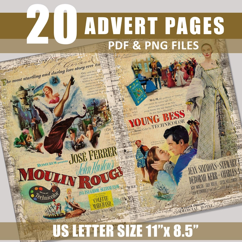 Junk Journal Pages Tags Movies Hollywood Advertising Grunge Aged Digital Download Ephemera Printable Scrapbook Bundle Kit Embellishment Ads
