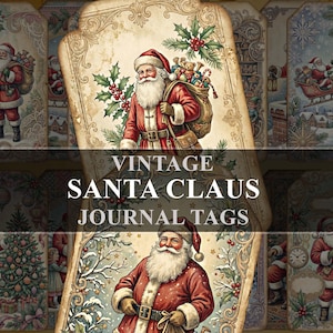 Puede incluir: Una colección de etiquetas rectangulares de papel para diario con ilustraciones de estilo vintage de Santa Claus con traje rojo, cargando sacos de juguetes, junto a árboles de Navidad o en un trineo, decoradas con acebo y bordes dorados.