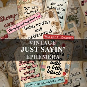 Może przedstawiać: Kolaż vintage tagów efemerycznych z różnymi wzorami i tekstami. Tagi zawierają frazy takie jak "Cherry comfort", "Cute, crafty, and caffeinated" i "Darling, you're the secret ingredient". Ogólnym motywem jest połączenie elementów vintage i rzemieślniczych.