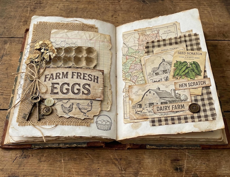 May include: Open book with vintage farm-themed scrapbook pages. Features include a sign that reads "Farm Fresh Eggs", illustrations of chickens, and a basket of eggs. Other pages have maps, seed packets, and barn illustrations.