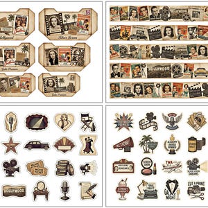 May include: A selection of vintage-style stickers and ephemera with a Hollywood theme. The stickers feature classic movie stars, film reels, and art deco designs. Some stickers have text like "Hollywood" and "Silver Screen Dreams".