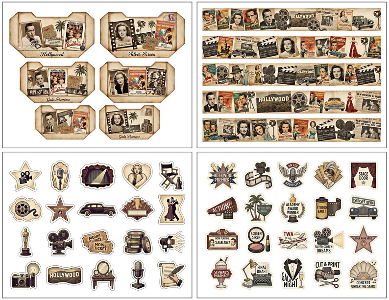 May include: A selection of vintage-style stickers and ephemera with a Hollywood theme. The stickers feature classic movie stars, film reels, and art deco designs. Some stickers have text like "Hollywood" and "Silver Screen Dreams".