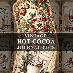 May include: A collection of rectangular paper journal tags featuring vintage-style Christmas illustrations. Designs include mugs of hot cocoa, candy canes, gingerbread men, holly, ornaments, a thermos, and a sled, with text like Hot Cocoa & Candy Canes.