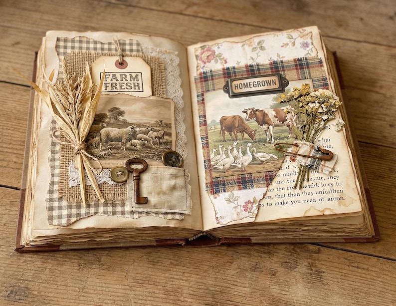 May include: Open vintage book with collaged pages. One page features a "FARM FRESH" tag, a sheep illustration, a key, and buttons. The other page has a "HOMEGROWN" label, a cow and geese illustration, and dried flowers.