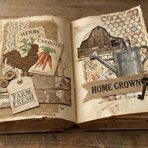 May include: Open book with rustic, vintage-style pages. Features include a metal rooster, seed packets labeled "Herbs" and "Carrots," and a tag reading "Farm Fresh." The right page displays a barn image, watering can, and banner that says "Home Grown."
