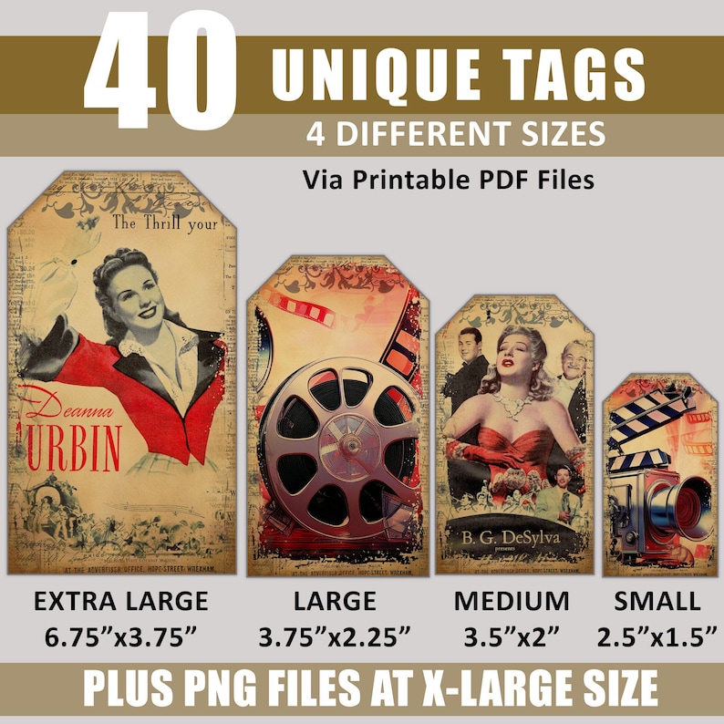Junk Journal Pages Tags Movies Hollywood Advertising Grunge Aged Digital Download Ephemera Printable Scrapbook Bundle Kit Embellishment Ads
