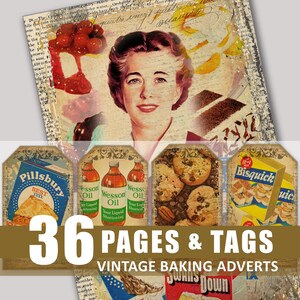 Backen Junk-Journal Seiten Tags Vintage Backen Essen Kuchen Werbung Anzeigen Digitaler Download Ephemera druckbare Scrapbook Bundle Verschönerung
