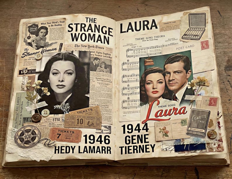 May include: Vintage open book collage with movie theme. Features images of Hedy Lamarr and Gene Tierney, newspaper clippings, movie tickets, and the titles "The Strange Woman" and "Laura." Includes the years 1946 and 1944.