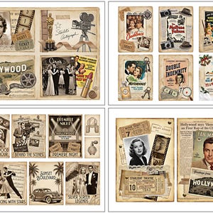 May include: A selection of vintage Hollywood-themed ephemera, featuring movie posters, tickets, film strips, and photographs of classic film stars. The sepia-toned colour scheme creates a nostalgic atmosphere. Items include an Oscar statue and a vintage movie camera.