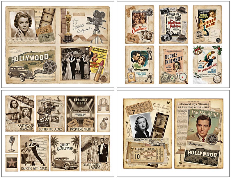 May include: A selection of vintage Hollywood-themed ephemera, featuring movie posters, tickets, film strips, and photographs of classic film stars. The sepia-toned colour scheme creates a nostalgic atmosphere. Items include an Oscar statue and a vintage movie camera.