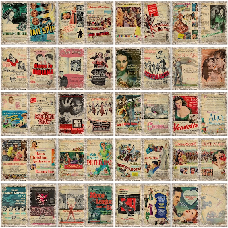Junk Journal Pages Tags Movies Hollywood Advertising Grunge Aged Digital Download Ephemera Printable Scrapbook Bundle Kit Embellishment Ads