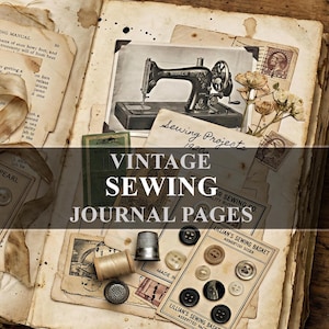 May include: An open journal featuring vintage sewing ephemera, including a black and white photograph of a sewing machine, aged paper with text, dried flowers, postage stamps, a metal thimble, a wooden thread spool, and cards of assorted buttons.