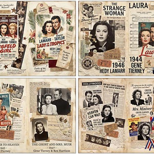 May include: A collection of vintage film posters and memorabilia, showcasing actresses Hedy Lamarr, Gene Tierney, and Greer Garson. Films include "Ziegfeld Girl," "Lady of the Tropics," "The Strange Woman," "Laura," "Leave Her to Heaven," "The Ghost and Mrs. Muir," and "Mrs. Miniver."