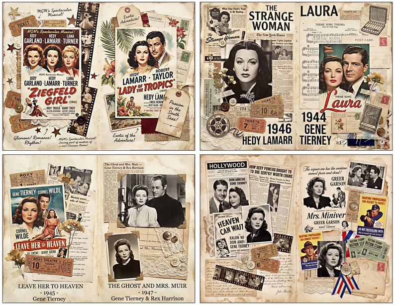 May include: A collection of vintage film posters and memorabilia, showcasing actresses Hedy Lamarr, Gene Tierney, and Greer Garson. Films include "Ziegfeld Girl," "Lady of the Tropics," "The Strange Woman," "Laura," "Leave Her to Heaven," "The Ghost and Mrs. Muir," and "Mrs. Miniver."