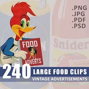 Mixed Media Food-Anzeigen Clip Art Collage Vintage Werbung Digital Download druckbare Seiten Blätter Junk Journals Scrapbook Küche Speisekammer