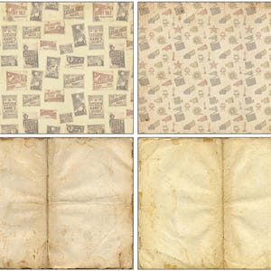 May include: Four images displaying vintage paper textures and patterns. Two images show repeating patterns of film posters and cinema-related icons in muted tones. The other two images show aged, folded paper with a distressed appearance.