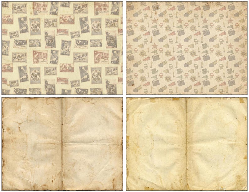 May include: Four images displaying vintage paper textures and patterns. Two images show repeating patterns of film posters and cinema-related icons in muted tones. The other two images show aged, folded paper with a distressed appearance.