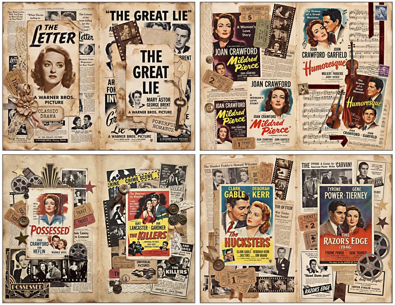 May include: A collage of vintage film posters, tickets, and film strips. The posters showcase classic movies such as "The Letter," "The Great Lie," "Mildred Pierce," "Humoresque," "Possessed," "The Killers," "The Hucksers," and "The Razor's Edge."