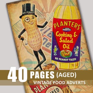 Junk-Journal Seiten Lebensmittel Werbung im Alter von digitaler Download Ephemera druckbare Scrapbook Verschönerung Bundle Kit Dateien Lebensmittel Anzeigen Mischtechnik