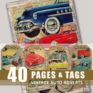 Junk-Journal Seiten Tags Auto Autos Werbung Grunge Alter Digital Download Ephemera druckbare Scrapbook Bundle Kit Verschönerung Anzeigen Garage