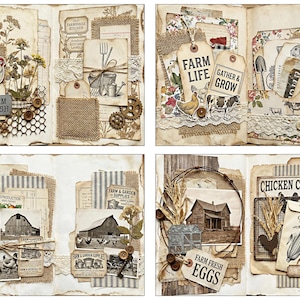 May include: A vintage-style scrapbook spread with farm-themed elements. Features include images of chickens, barns, and garden supplies, along with tags that read "Farm Fresh," "Farm Life," and "Gather & Grow." The color palette is dominated by beige, brown, and cream.