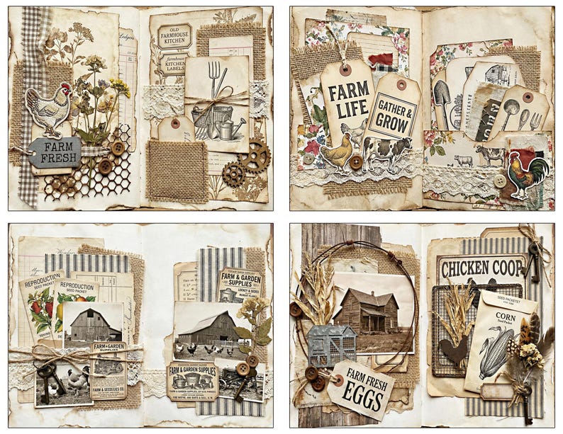 May include: A vintage-style scrapbook spread with farm-themed elements. Features include images of chickens, barns, and garden supplies, along with tags that read "Farm Fresh," "Farm Life," and "Gather & Grow." The color palette is dominated by beige, brown, and cream.