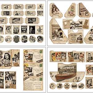 May include: A selection of vintage-style ephemera with a classic Hollywood theme. Includes tickets, stamps, postcards, and decorative elements featuring film titles such as "Casablanca" and "Citizen Kane". The colour scheme is sepia and cream.