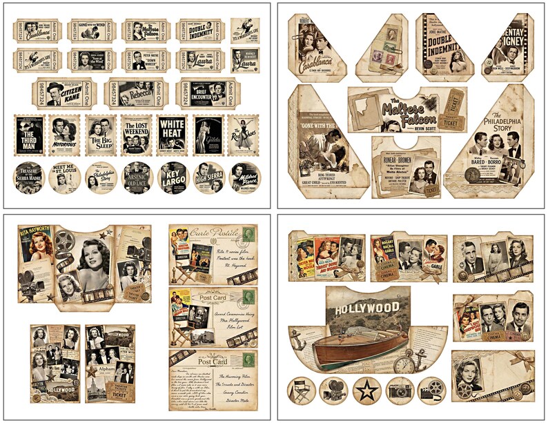 May include: A selection of vintage-style ephemera with a classic Hollywood theme. Includes tickets, stamps, postcards, and decorative elements featuring film titles such as "Casablanca" and "Citizen Kane". The colour scheme is sepia and cream.